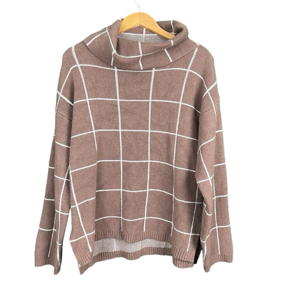 Kirundo Sweater Women XL Caramel Brown Window Pane Check Cowl Neck Soft Knit